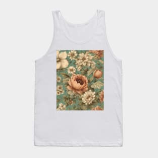 Teal Beige Botanical  Chic Country Cottagecore Vintage Floral Tank Top